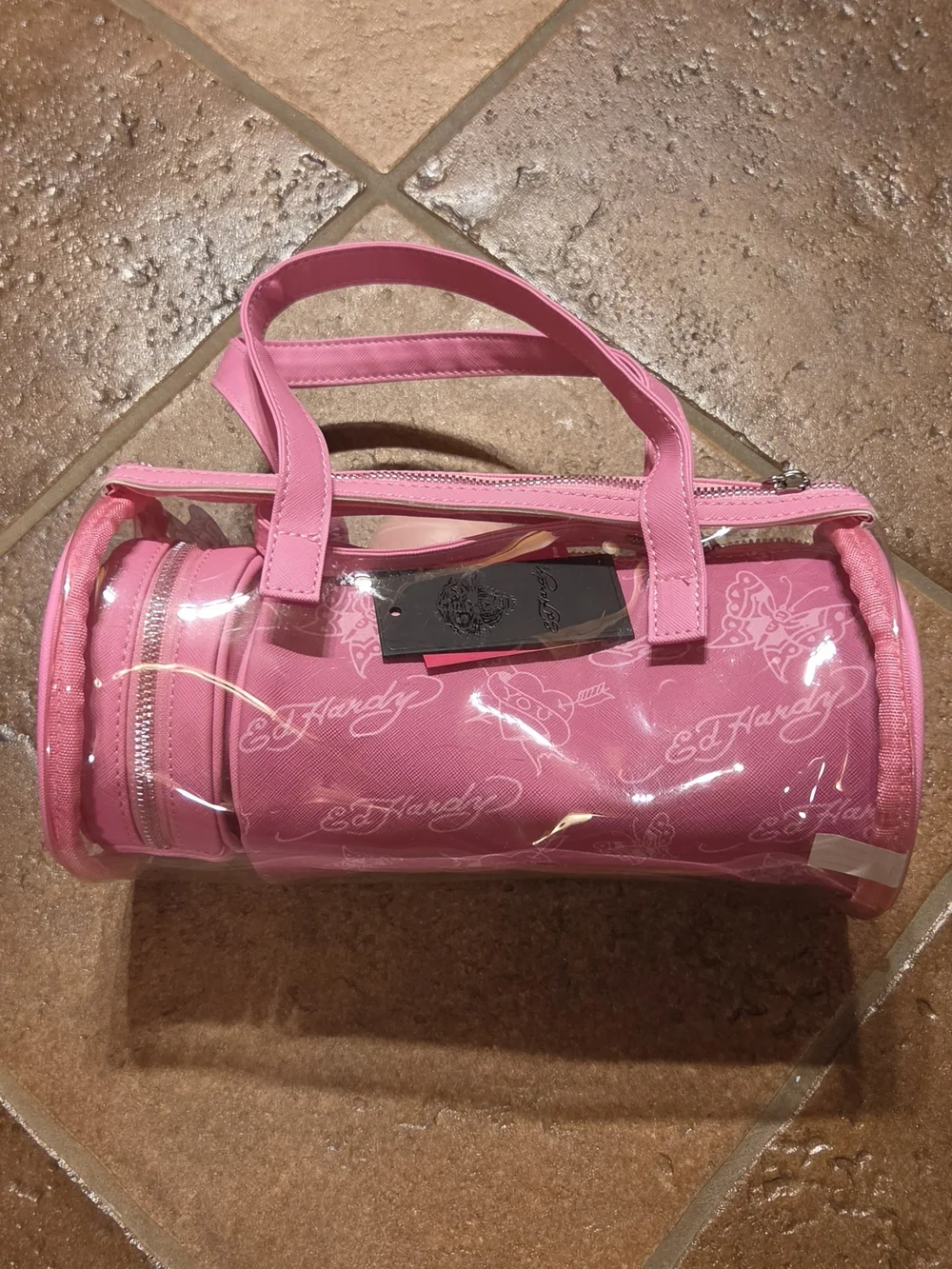 Ed Hardy 3-in-1 Pink Vinyl Barrel Cosmetic Bag Set